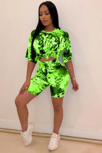 Green Fashion Sexy Two Piece Suits Sequin Slim fit crop top Bandage Skinny Half Sleeve Two-Piec