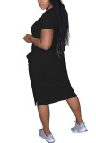 Black Fashion Casual Black Grey Pink Yellow Cap Sleeve Short Sleeves O neck Step Skirt Mid-Calf Print Character Dresses