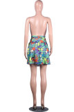 Green Yellow purple Elastic Fly Sleeveless High Patchwork Print Character Draped Pleated skirt shorts Bottoms