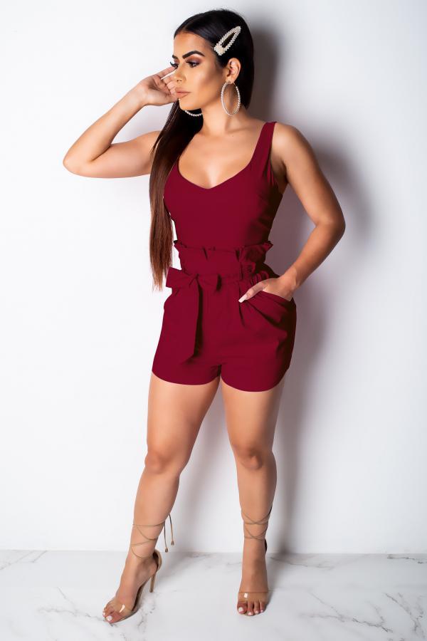 Wine Red Fashion Sexy Solid zipper Patchwork Sleeveless O Neck Rompers