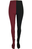Wine Red Blue Fluorescent green Wine Red Elastic Fly Sleeveless Mid Patchwork Solid Split Straight Pants Bottoms