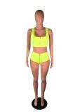 Fluorescent green Sexy Fashion Zippered Solid Two Piece Suits asymmetrical Slim fit crop top Skinny Sleevele