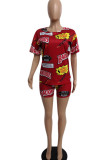 Red Milk Silk Fashion Street Print Two Piece Suits Straight Short Sleeve Two Pieces
