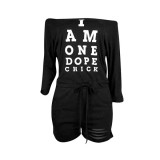 Black Drawstring Mid Letter Loose shorts Rompers