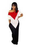 Red Casual Fashion One Shoulder Short Sleeves one shoulder collar Straight Floor-Length Patchw