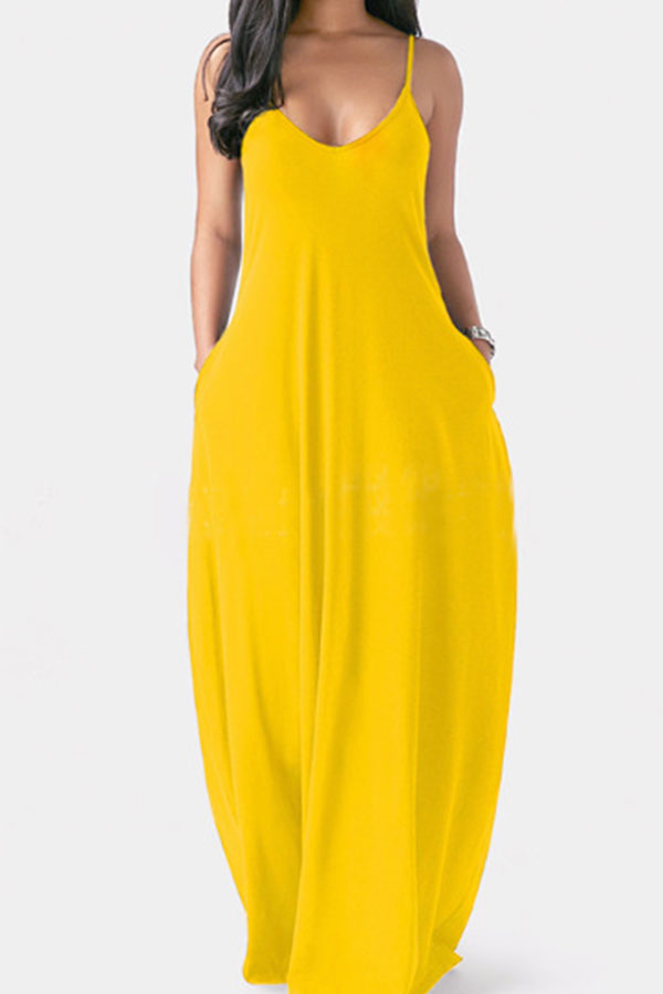 

Yellow Milk. Fashion Sexy Casual Spaghetti Strap Sleeveless Slip Princess Dress Floor-Length Solid Dresses