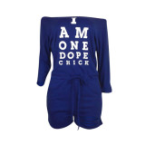 Blue Drawstring Mid Letter Loose shorts Rompers