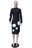 Black Casual Fashion Cap Sleeve Long Sleeves Turndown Collar Slim Dress Knee-Length Solid Ball a