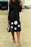 Black Casual Fashion Cap Sleeve Long Sleeves Turndown Collar Slim Dress Knee-Length Solid Ball a