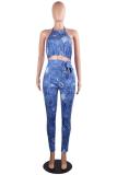 Blauwe sexy mode-print rugloze patchwork mouwloze jumpsuits met O-hals