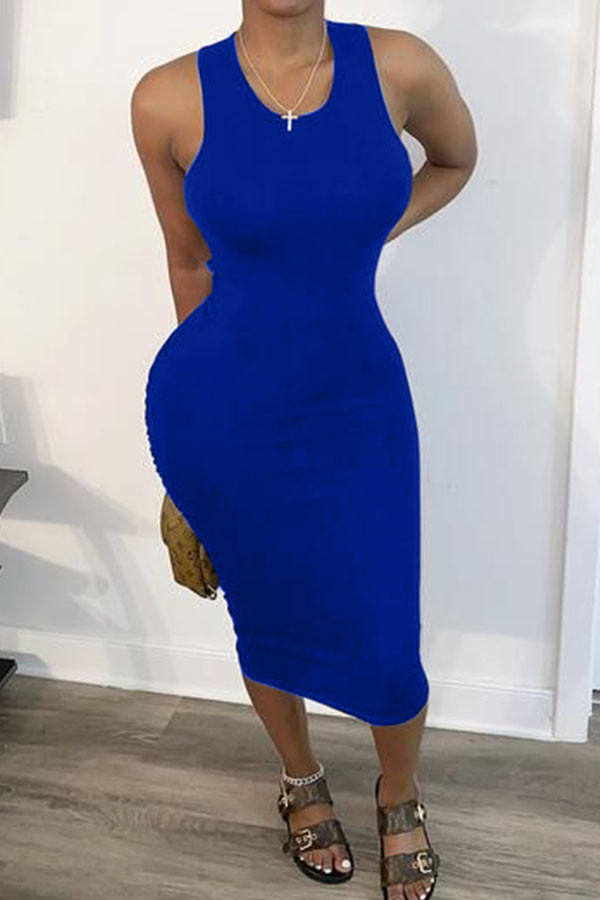 Синие модные однотонные асимметричные платья без спинки с круглым вырезом и асимметричным вырезом