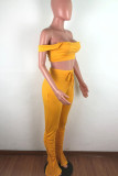Acrílico amarelo celebridades da moda duas peças drapeado sólido lápis sem manga duas peças