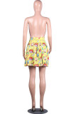 Yellow Green Yellow purple Elastic Fly Sleeveless High Patchwork Print Character Draped Pleated skirt shorts Bottoms