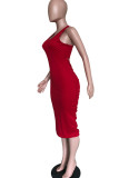 Red Fashion Solid Backless Asymmetrical O Neck Asymmetrical Dresses