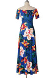 Blue Sexy Fashion Off The Shoulder Short Sleeves One word collar Floor-Length bandage Print bac