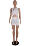 White Sexy Fashion Solid Asymmetrical bandage Hollow Sleeveless Asymmetrical Collar Rompers