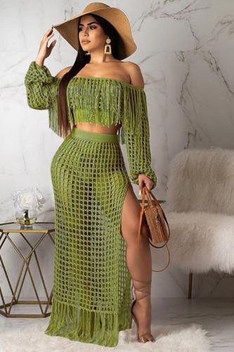 Army Green Fashion Sexy Vacation Solid Tassel Split Mesh Swimwears Cover Up