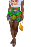 purple Green Yellow purple Elastic Fly Sleeveless High Patchwork Print Character Draped Pleated skirt shorts Bottoms