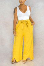 Amarillo, blanco, amarillo, azul claro, lino, cordón, sin mangas, patchwork alto, vendaje sólido, pantalones rectos divididos, parte inferior