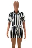 Blue Fashion Sexy Striped Print Patchwork Short Sleeve V Neck Front Tie Rompers