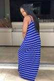 Blue Sexy Fashion Spaghetti Strap Sleeveless Slip Step Skirt Ankle-Length Striped Solid Casual