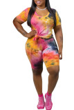 Pink Fashion Sweet O Neck Patchwork Print Tie Dye Two Piece Suits Stitching Plus Size