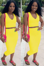 Vestido de dos piezas con falda acampanada lisa y patchwork de moda sexy amarillo