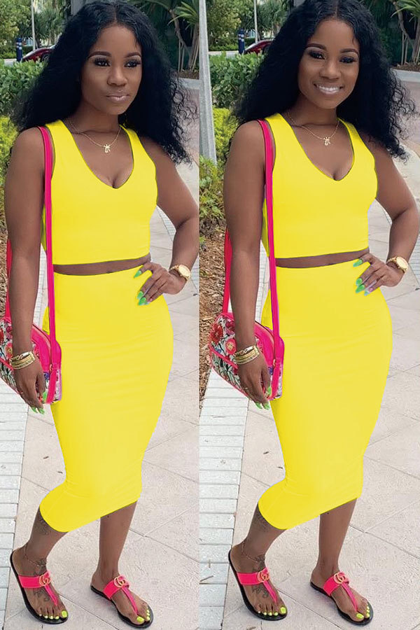黄色のセクシーなファッションパッチワークソリッドAラインスカートツーピースドレス
