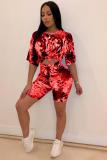 rose red Fashion Sexy Two Piece Suits Sequin Slim fit crop top Bandage Skinny Half Sleeve Two-Piec