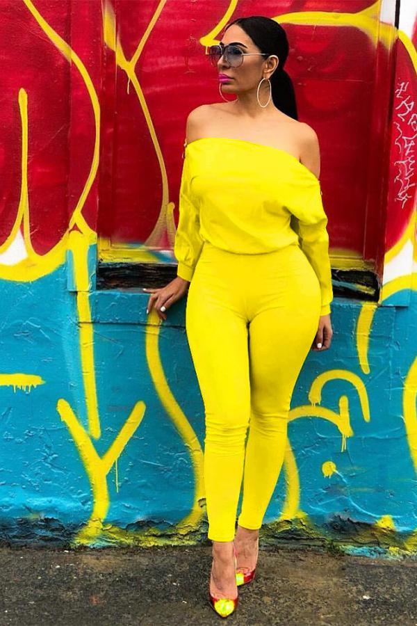 Yellow Casual zipper Solid Long Sleeve one word collar Jumpsuits
