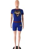 Blue Sexy Fashion Casual Animal Prints Print Sequin Patchwork pencil Two-Piece Short Set