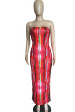 rose red Sexy Print Tie-dye Backless Strapless Pencil Skirt Dresses
