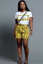 Yellow Fashion Casual Sexy Print Patchwork bow-knot Straight Short Sleeve