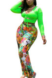 Grönt mode Sexig vuxen V-hals Patchwork-tryck Bandage Tvådelade kostymer URHÅLADE Sömmar Plus Size