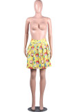 Yellow Green Yellow purple Elastic Fly Sleeveless High Patchwork Print Character Draped Pleated skirt shorts Bottoms