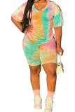 Rosa Fashion Sweet O Neck Patchwork Stampa Tie Dye Abiti in due pezzi Cuciture Plus Size
