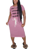 ピンク ファッション カジュアル ブラック グレー ピンク イエロー キャップ スリーブ 半袖 O ネック ステップ スカート ミッドカーフ プリント キャラクター ドレス
