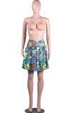 Green Yellow purple Elastic Fly Sleeveless High Patchwork Print Character Draped Pleated skirt shorts Bottoms