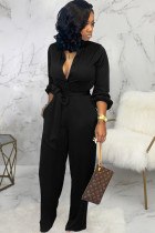 Black Sexy Solid Button Long Sleeve O Neck Jumpsuits