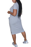 Grey Fashion Casual Black Grey Pink Yellow Cap Sleeve Short Sleeves O neck Step Skirt Mid-Calf Print Character Dresses