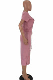ピンク ファッション カジュアル ブラック グレー ピンク イエロー キャップ スリーブ 半袖 O ネック ステップ スカート ミッドカーフ プリント キャラクター ドレス