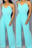 Light Blue Fashion Casual Solid Asymmetrical Sleeveless Slip Jumpsuits