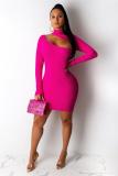rose red Sexy Cap Sleeve Long Sleeves O neck Step Skirt skirt Solid Long Sleeve Dresses