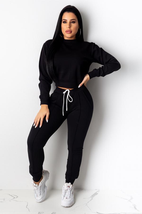 Black Casual Fashion adult Bandage Two Piece Suits Solid Straight Long Sleeve Two-piece Pants S