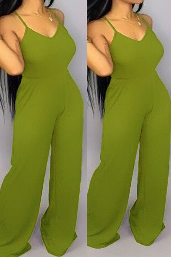Grüne, modische, lässige, solide, asymmetrische, ärmellose Slip-Jumpsuits