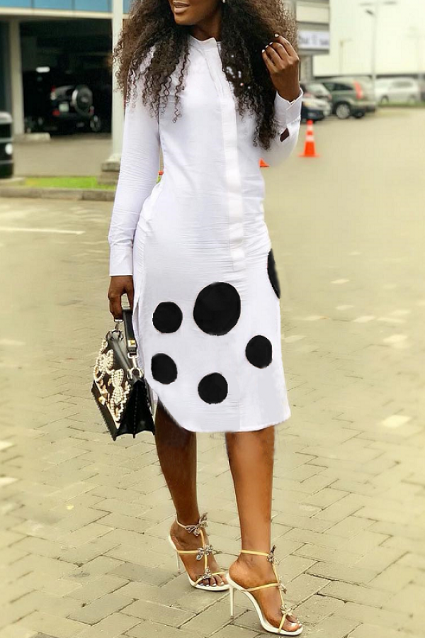 White Casual Fashion Cap Sleeve Long Sleeves Turndown Collar Slim Dress Knee-Length Solid Ball a