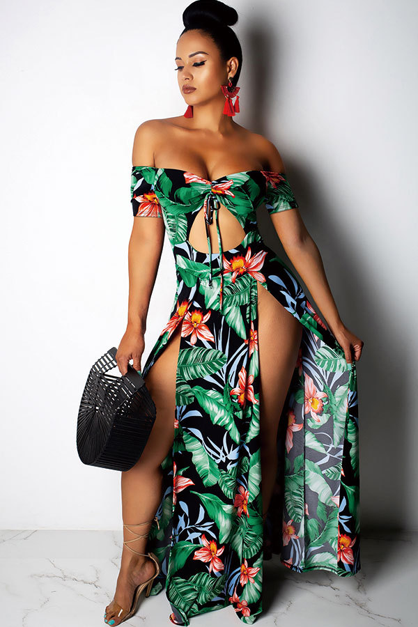 Green Sexy Fashion Off The Shoulder Short Sleeves One word collar Floor-Length bandage Print bac