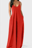 rose red Milk. Fashion Sexy Casual Spaghetti Strap Sleeveless Slip Princess Dress Floor-Length Solid Dresses