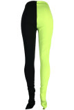 Blue Fluorescent green Wine Red Elastic Fly Sleeveless Mid Patchwork Solid Split Straight Pants Bottoms