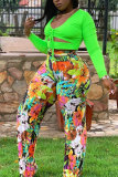 Зеленый модный сексуальный взрослый V-образный вырез в стиле пэчворк с принтом, бандажные костюмы из двух предметов, выдолбленные строчки, большие размеры
